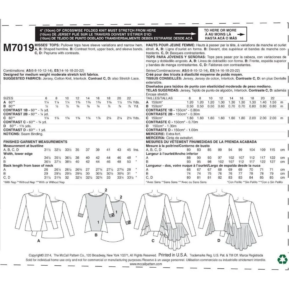 McCalls Sewing Pattern 7019 Top Tunic‎ Misses Size 6-14